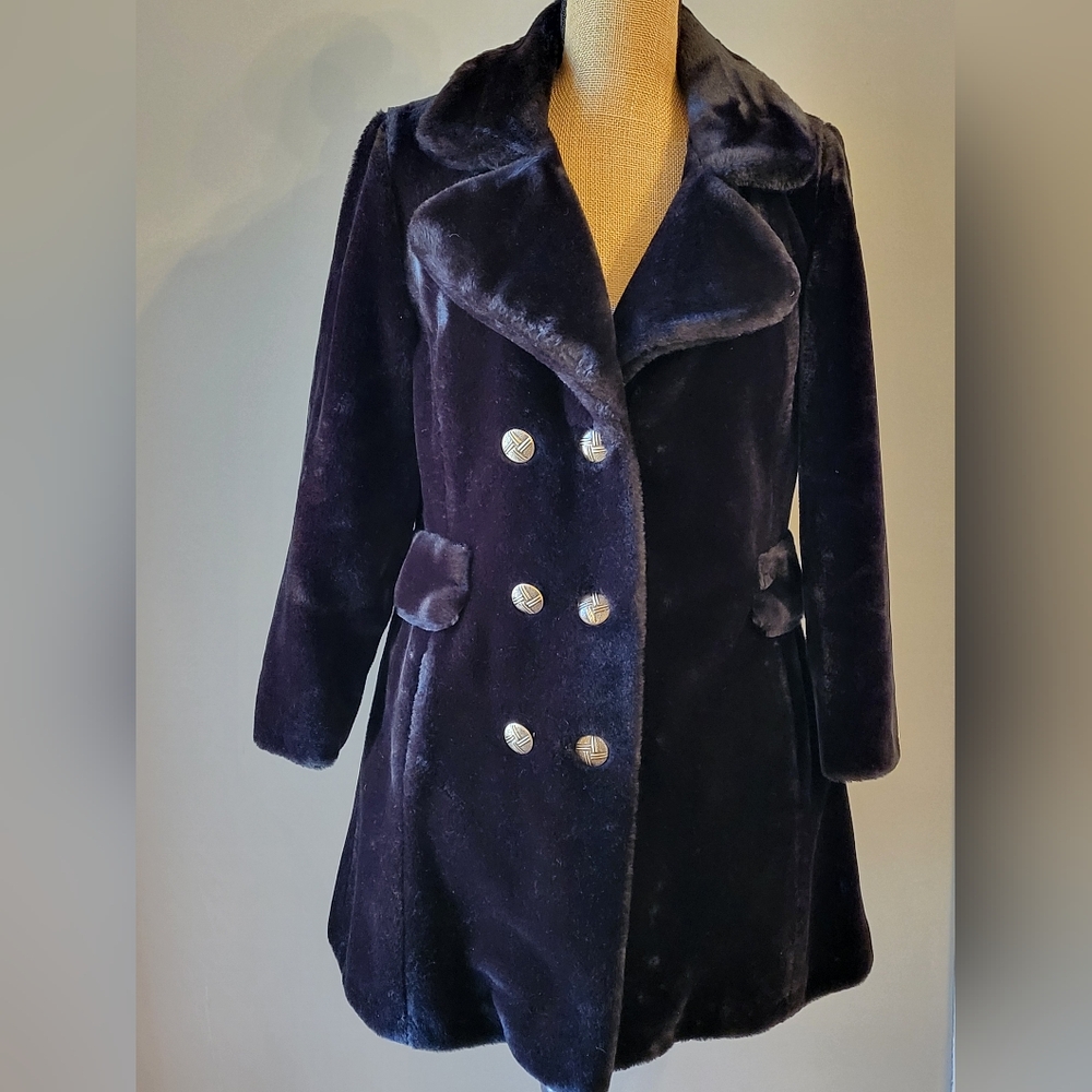 Glenbrooke 1970s Black Double Breasted Faux Fur Coat Medium